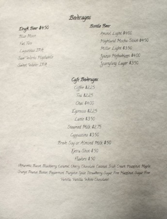 Beverage Menu at Coffee and Chocolate's Second Location, 416 W. Clinch Avenue, Knoxville, June 2013