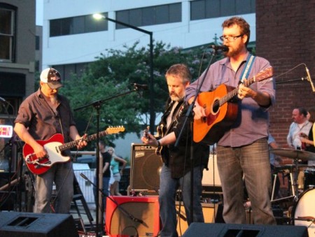 Daniel Kimbro with Greg Horne and Tim Lee, Bob Dylan Birthday Bash, Market Square, Knoxville, June 2013