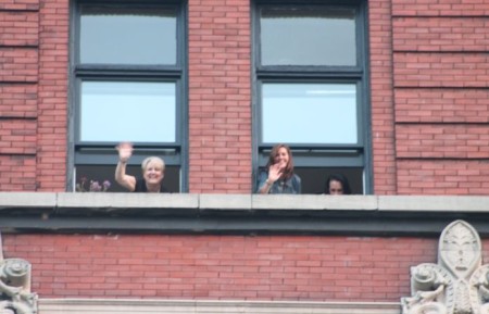 A Fuzzy Urban Woman and Friends Wave From the Seventh Floor of the Arnstein Building, Knoxville, August 2013