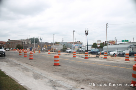 Construction on 500 Block of N. Gay Street with Used Car Lot, Knoxville, October 2013
