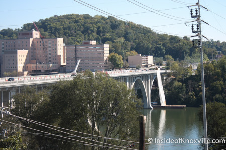 View of the Bridge and Baptist Hospital from the Penthouse, Maplehurst Inn, 800 West Hill Avenue, Knoxville, October 2013