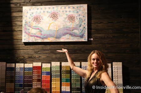 Virginia poses with sold piece of Zach Searcy's art, Paulk and Company, Knoxville, May 2014