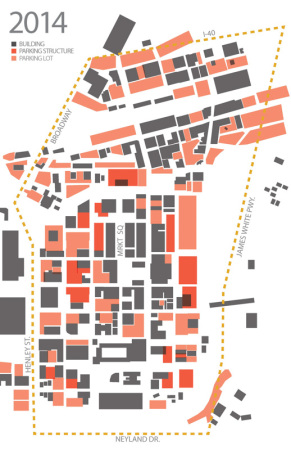 Density Diagram with Parking Structures and Lots, Knoxville, 2014