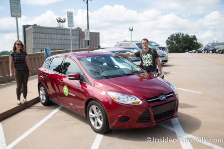 Laura Coats and Chris Woudstra with the Zipcar, Knoxville, September 2014