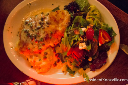 Paneed Chicken with shallot caper cream sauce and mashed potatoes, Five Bar, Knoxville