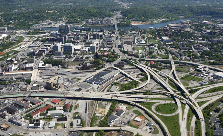 Aerial view of Downtown Knoxville, Its Interstates and Its Highways