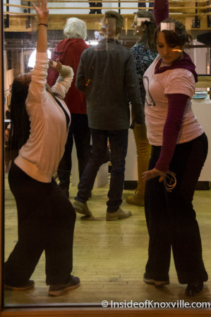 Young Women Dancing in the Emporium Window, Knoxville, November 2014