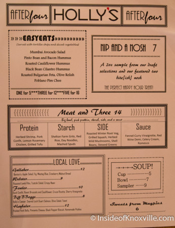 Dinner Menu, Holly's 135, 135 S. Gay Street, Knoxville, February 2015