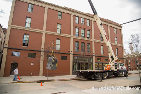Removal of the Freezer from 36 Market Square after the closure of Orange Leaf Yogurt, Knoxville, March 2015