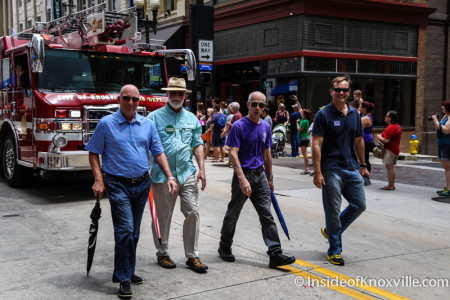 Nick Pavlis, Finbarr Saunders, Bill Lyons and Marshall Stair, Pridefest Parade, Gay Street, Knoxville, June 2015