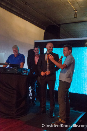 Original owners Matthew Newell and Mark MCDermott with Aaron Thompson, Sapphire Modern Bar and Restaurant, 428 S. Gay, 10th Anniversary Party, Knoxville, September 2015