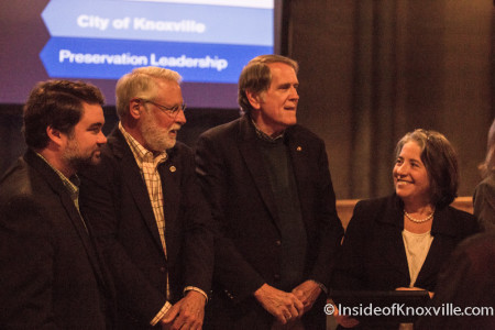 Councilmen Mark Campen, Finbarr Saunders, and Duane Grieve with Mayor Rogero, Knox Heritage Fantastic Fifteen, The Standard, Knoxville, November 2015