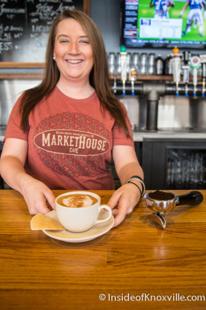 April Brown serves teh Cappuccino, Market House Cafe, 36 Market Square, Knoxville, December 2015