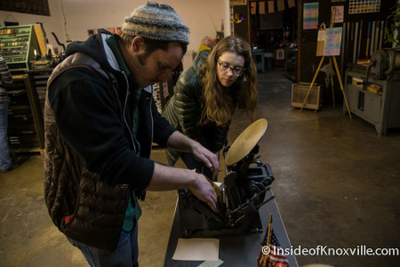 Bryan helps student (Sarah) set her letter press in the Letter Press Basics Class, Striped Light Letter Press Print Shop, 107 Bearden Place, Knoxville, February 2016