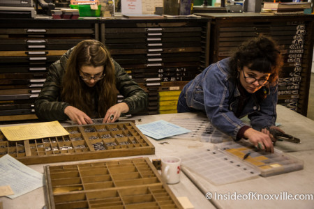Sarah Shebaro (right), Founder, Striped Light Letter Press Print Shop, 107 Bearden Place, Knoxville, February 2016