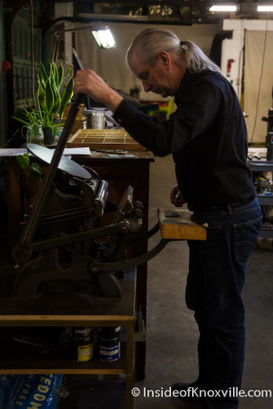 Urban Guy Channels His Inner Artisan in the Letter Press Basics Class, Striped Light Letter Press Print Shop, 107 Bearden Place, Knoxville, February 2016