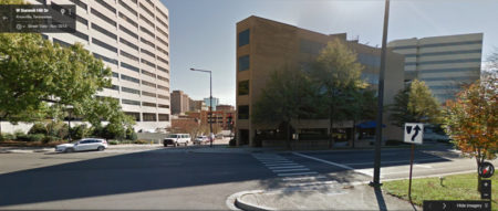 Ground View (Google Earth) of TVA Towers (left) and Office/Parking Garage to be Demolished (right), Summit Hill at Walnut, Knoxville