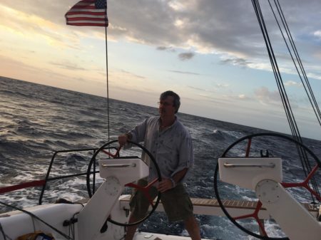 Buzz Goss at the Helm of the Pretty Vegas, Gulf of Mexico, April 2016