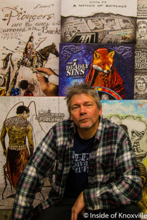 Scott West Posing with Art Work from The Crook Books, Volume One, "Good Intentioned Bad Guys," Knoxville, November 2016
