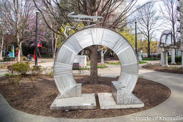 Aaron Hussey, Bonsai Portal, Stainless Steel, 10' Tall, Krutch Park, Knoxville, March 2018